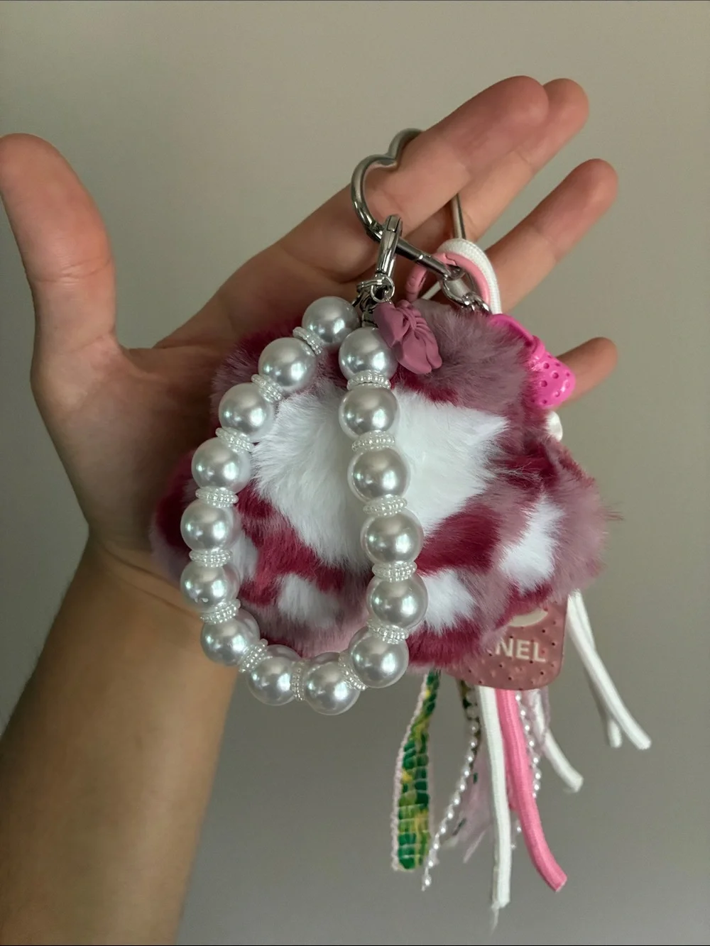 Pink & White Fur Pom-Pom Bag Charm with Pearl Strap Keychain